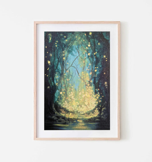 Art print of a mystical forest illuminated by golden fireflies against a background of shadowy trees
