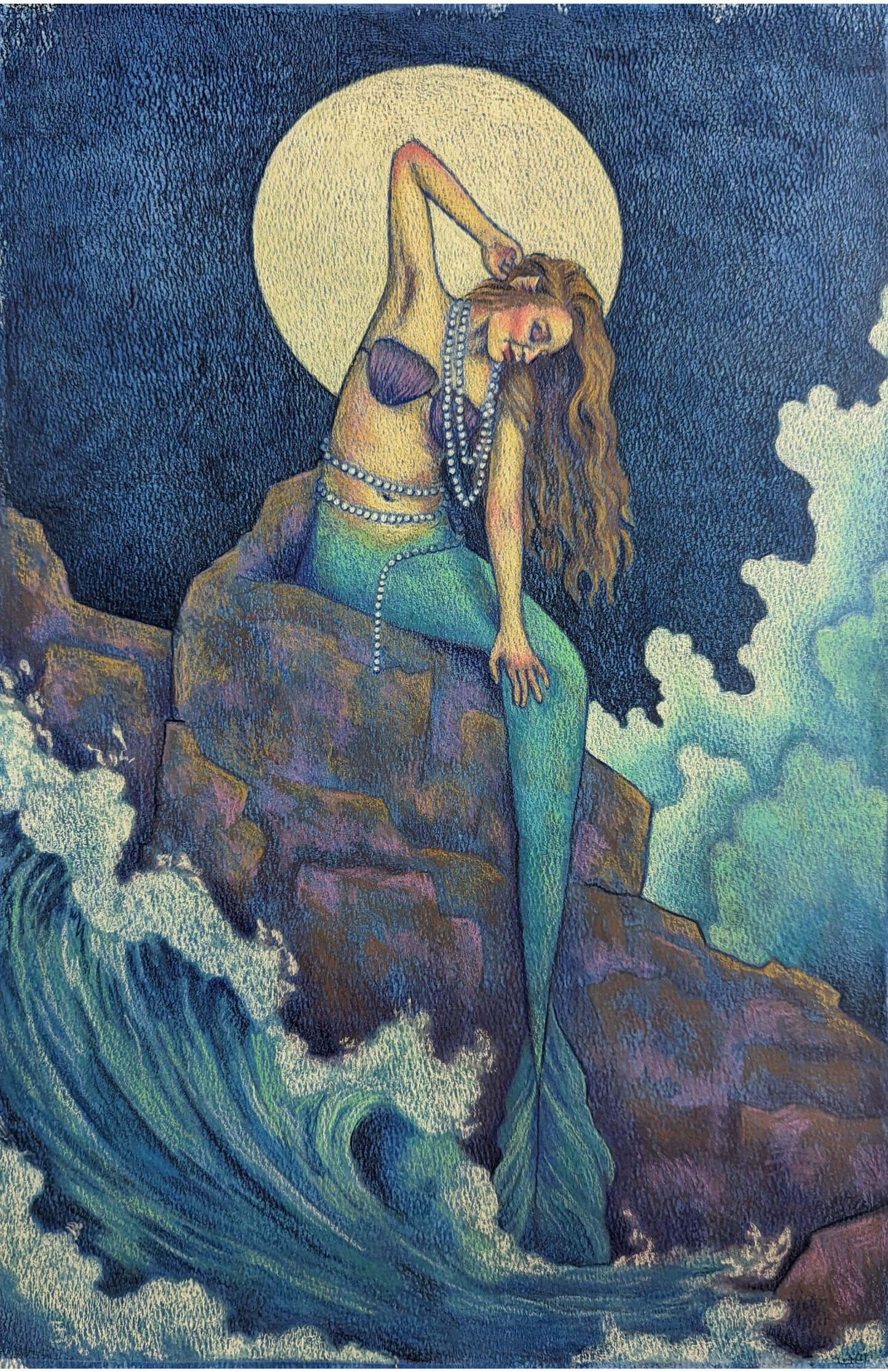 Art print depicting a mermaid resting on a rocky shore, gazing out over waves under a full moon