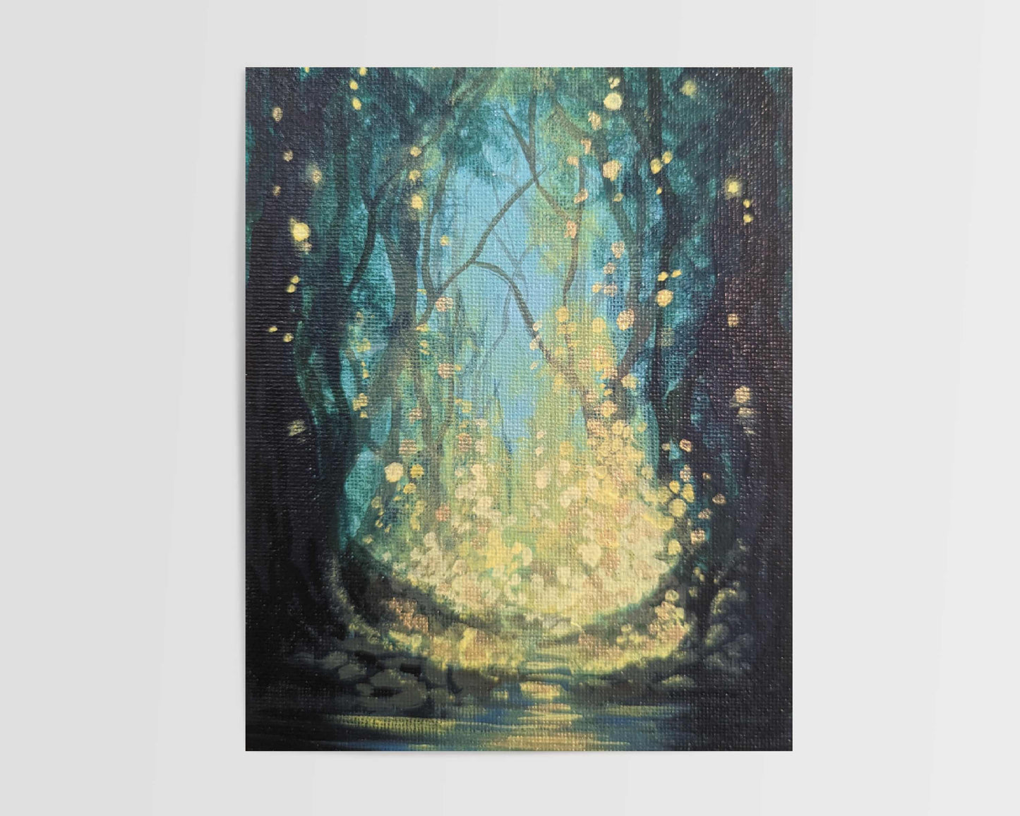 Art print of a mystical forest illuminated by golden fireflies against a background of shadowy trees
