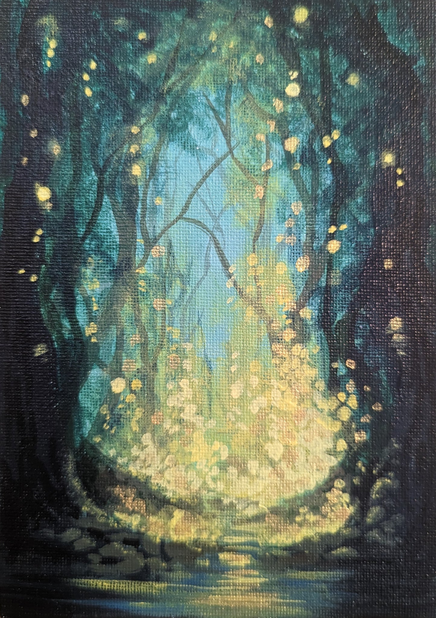 Art print of a mystical forest illuminated by golden fireflies against a background of shadowy trees