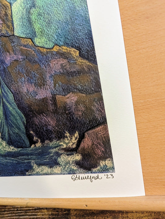 A limited edition fine giclee art print of a mermaid sitting on rocks under a full moon surrounded by ocean waves