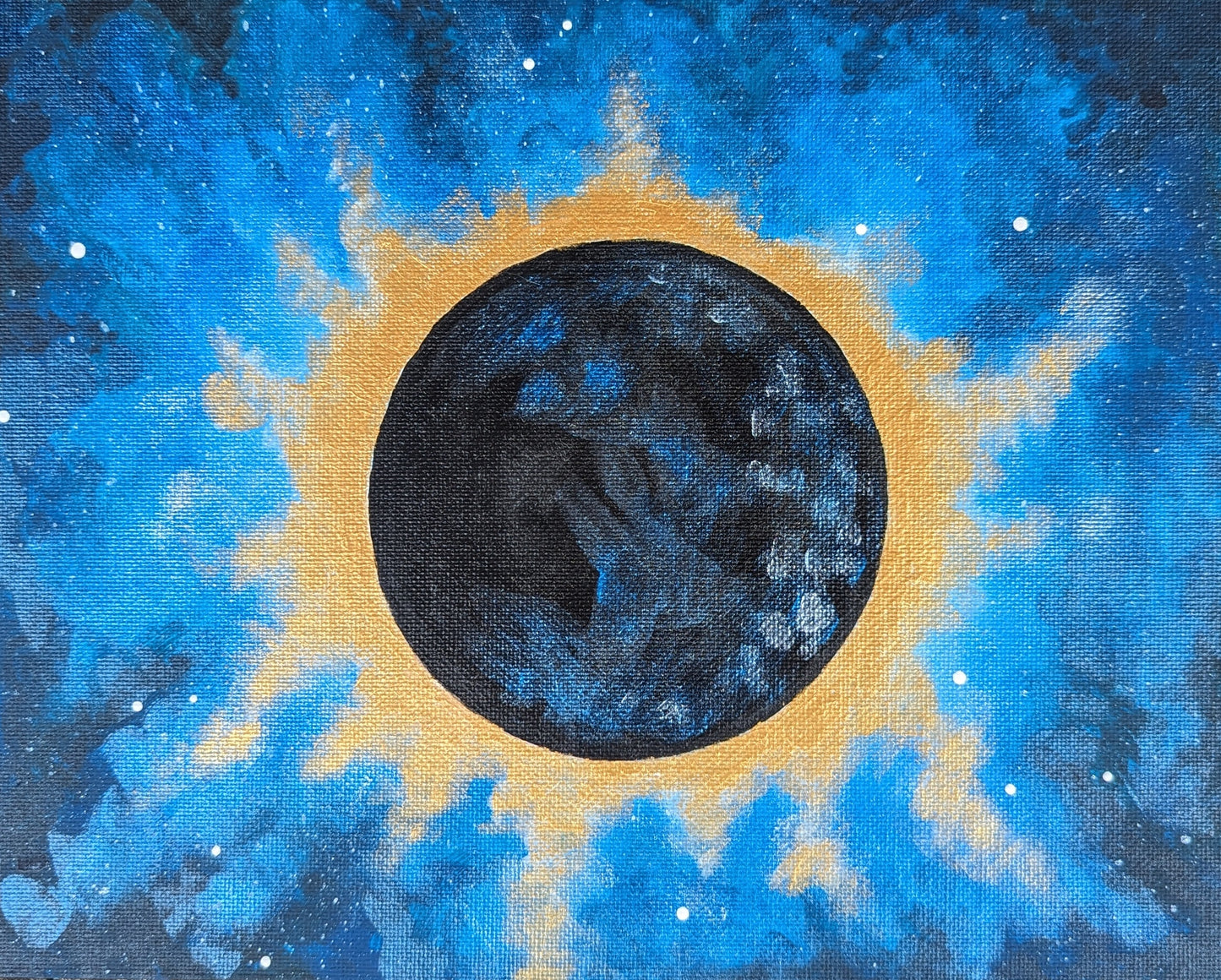 A framed eclipse art print depicting the sun’s corona glowing brightly against a dark sky