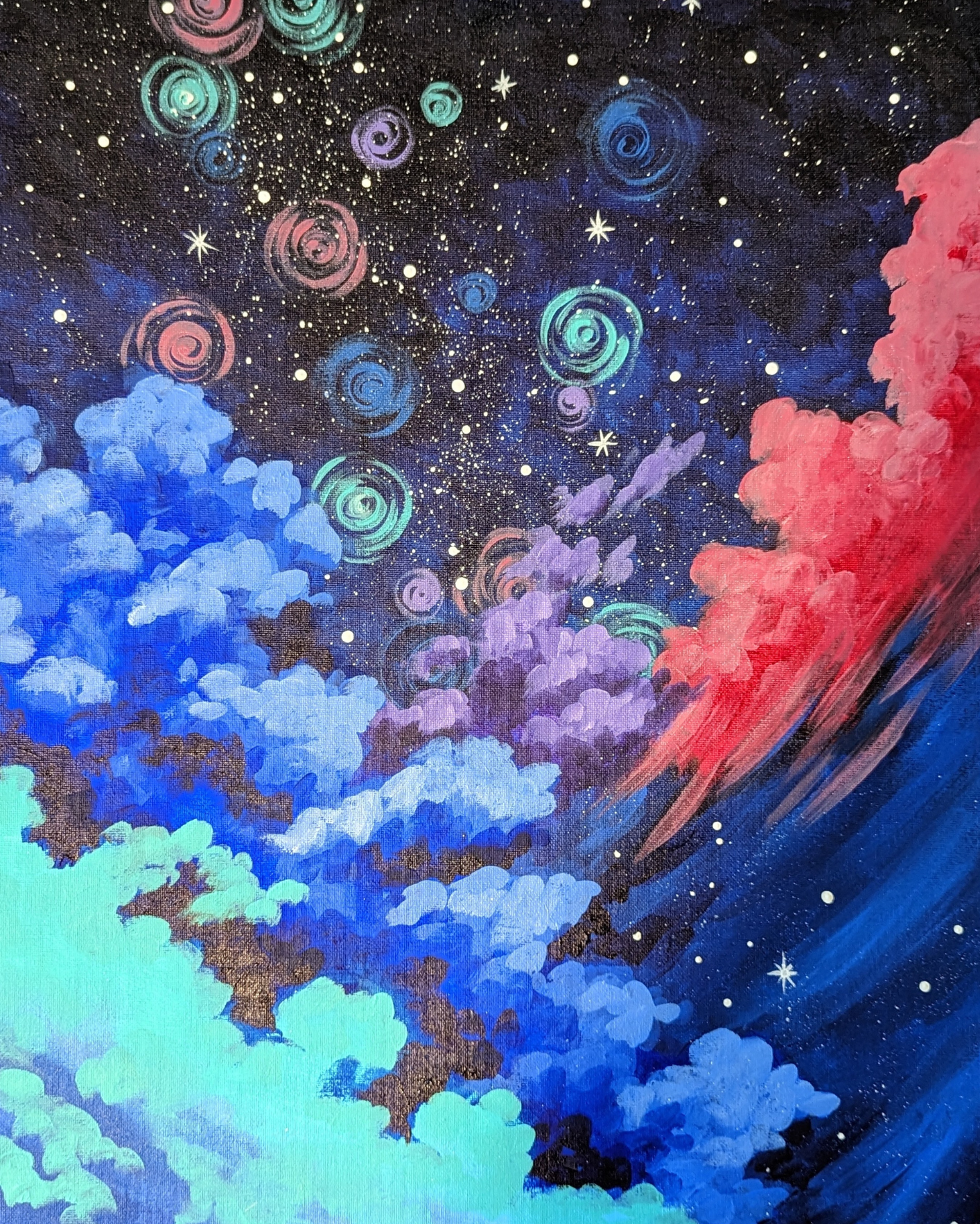 A framed art print showing a night sky with swirling clouds in shades of pink and blue filled with glowing stars and spirals