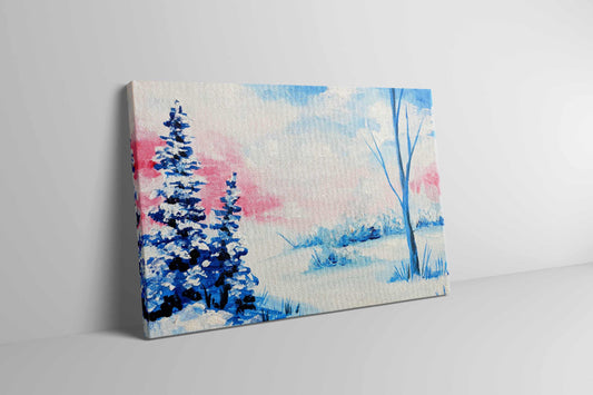 A canvas art print of a serene winter landscape featuring snow-covered trees with a pink and blue sky in the background