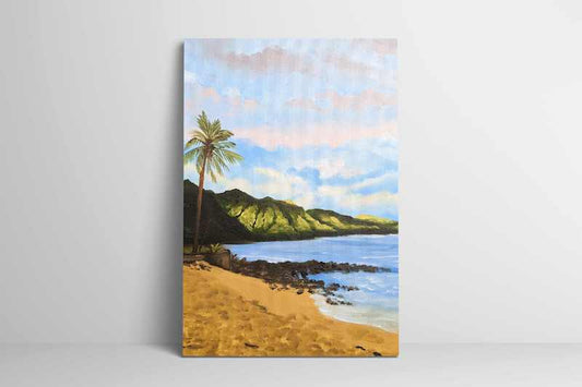 Canvas art print featuring a serene Hawaii beach with palm trees, gentle ocean waves, and distant mountains under a pastel sky