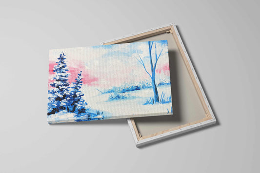 A canvas art print of a serene winter landscape featuring snow-covered trees with a pink and blue sky in the background