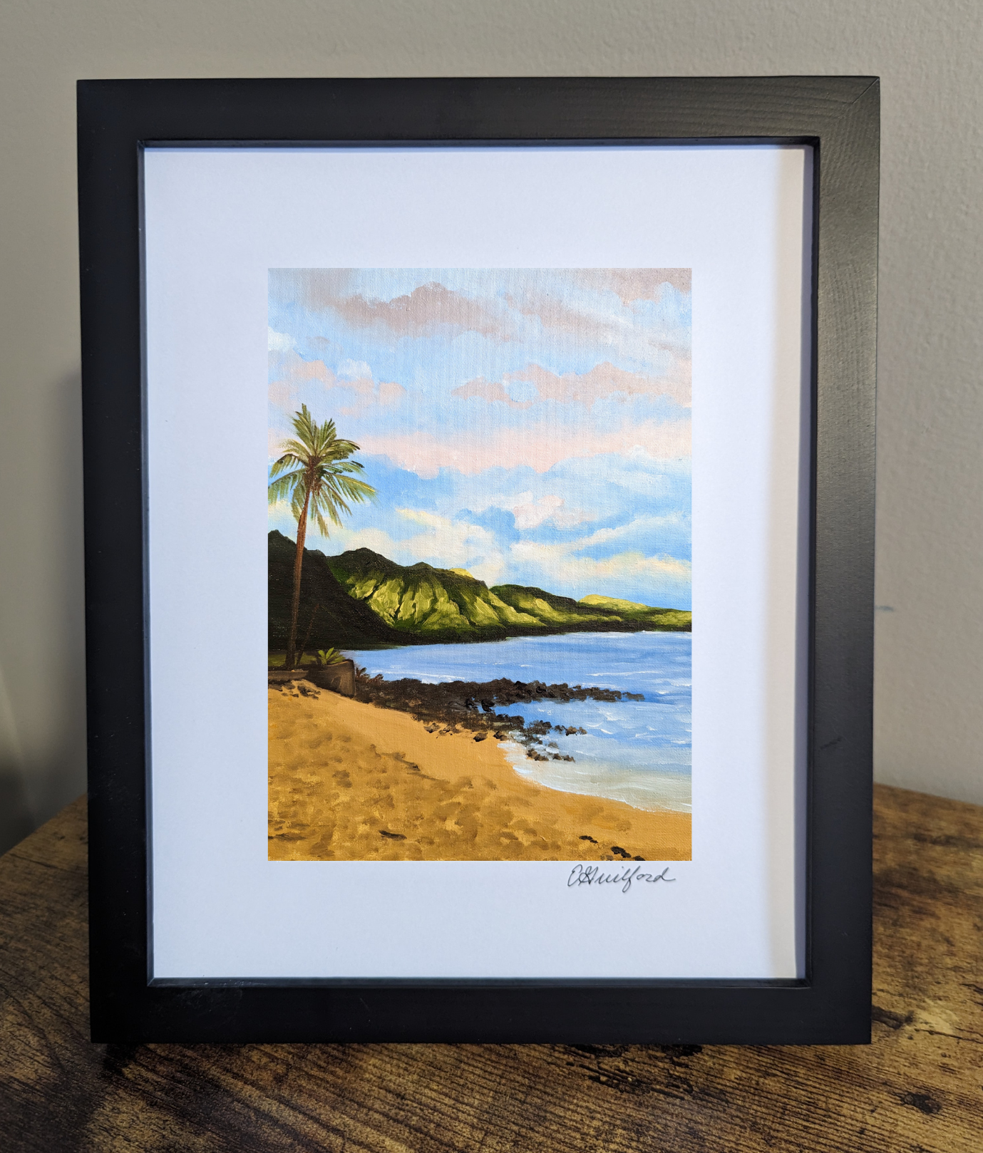 Art print of a serene Hawaiian beach, featuring a palm tree, golden sand and a calm sea with rolling hills in the distance