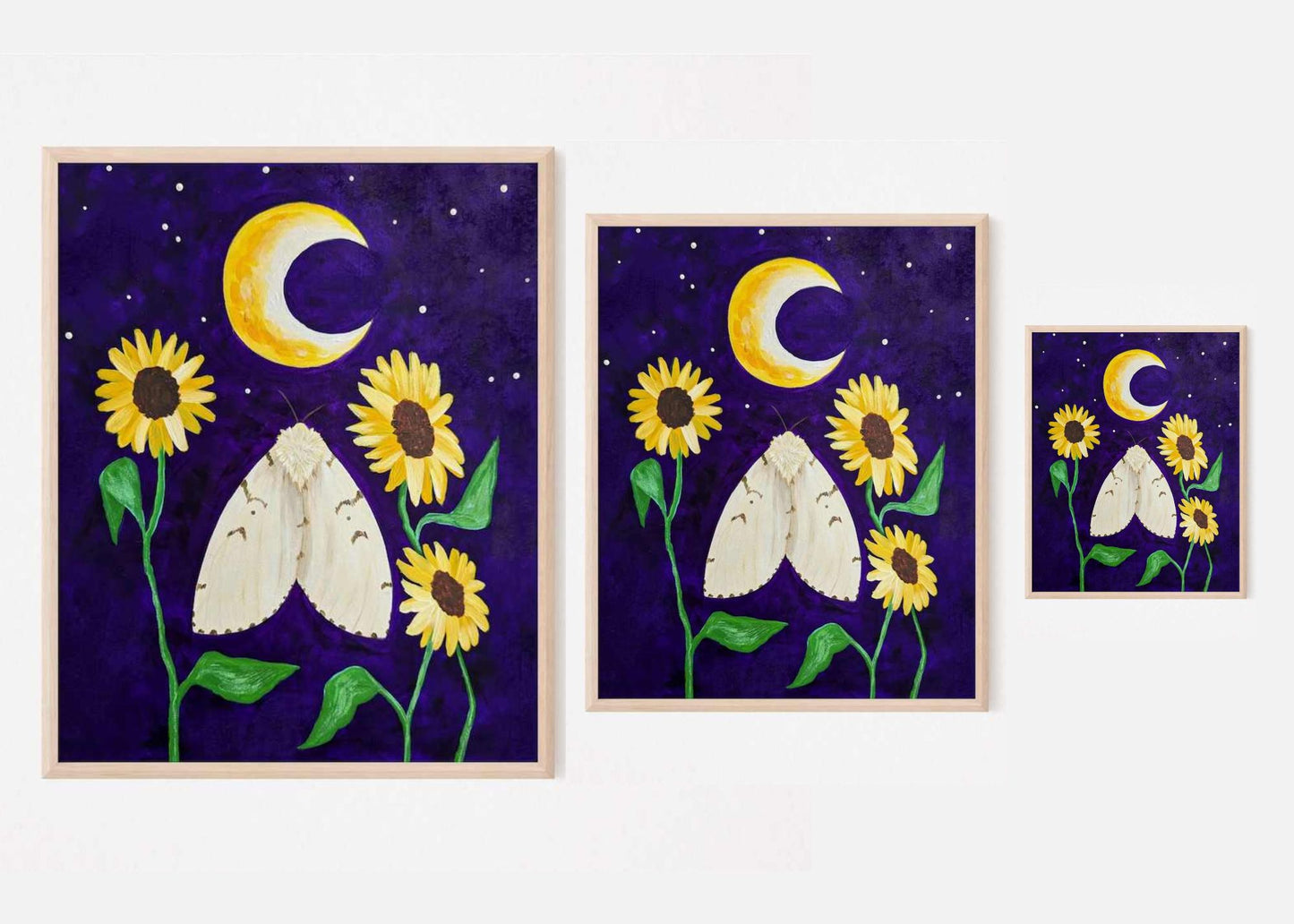 Art print of a spongy moth surrounded by sunflowers under a crescent moon in a starry night sky