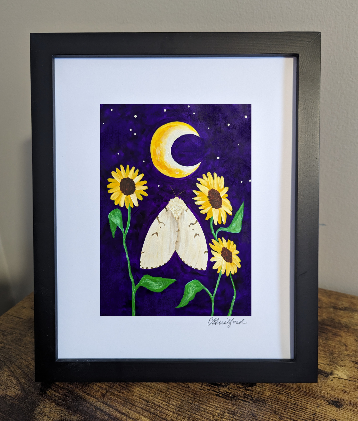 Art print of a spongy moth surrounded by sunflowers under a crescent moon in a starry night sky