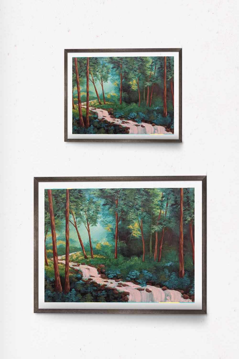 Framed art print depicting rays of sunshine coming through a lush green forest with a gently flowing stream running through