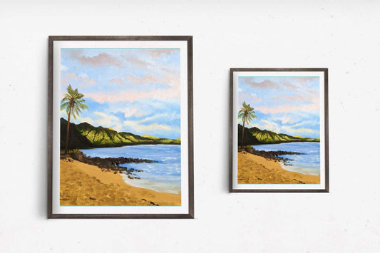 Art print of a serene Hawaiian beach, featuring a palm tree, golden sand and a calm sea with rolling hills in the distance