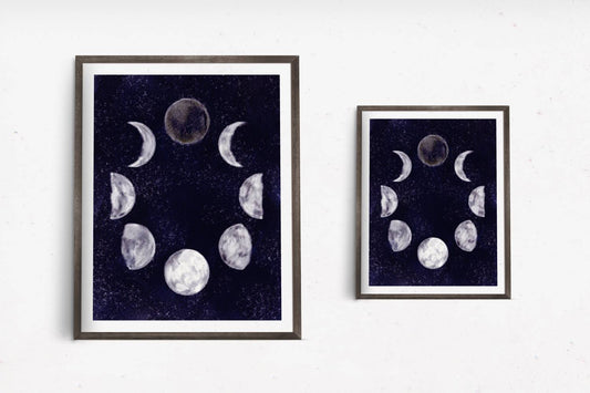 Art print of the moon phases in a circular arrangement against a dark and starry night sky