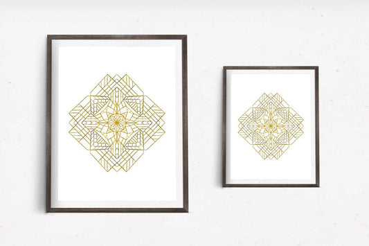 Art work featuring a detailed geometric mandala design in gold lines intricately layered to form a symmetrical pattern