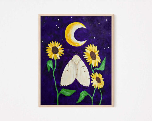 Art print of a spongy moth surrounded by sunflowers under a crescent moon in a starry night sky