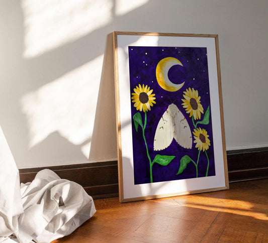 Art print of a spongy moth surrounded by sunflowers under a crescent moon in a starry night sky