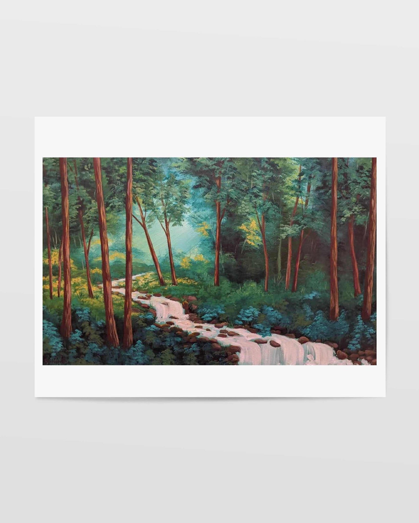 Framed art print depicting rays of sunshine coming through a lush green forest with a gently flowing stream running through