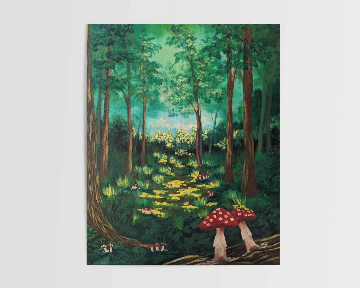 Art print showcasing a fairy forest scene with two red mushrooms in the foreground, tall trees and sunlit foliage