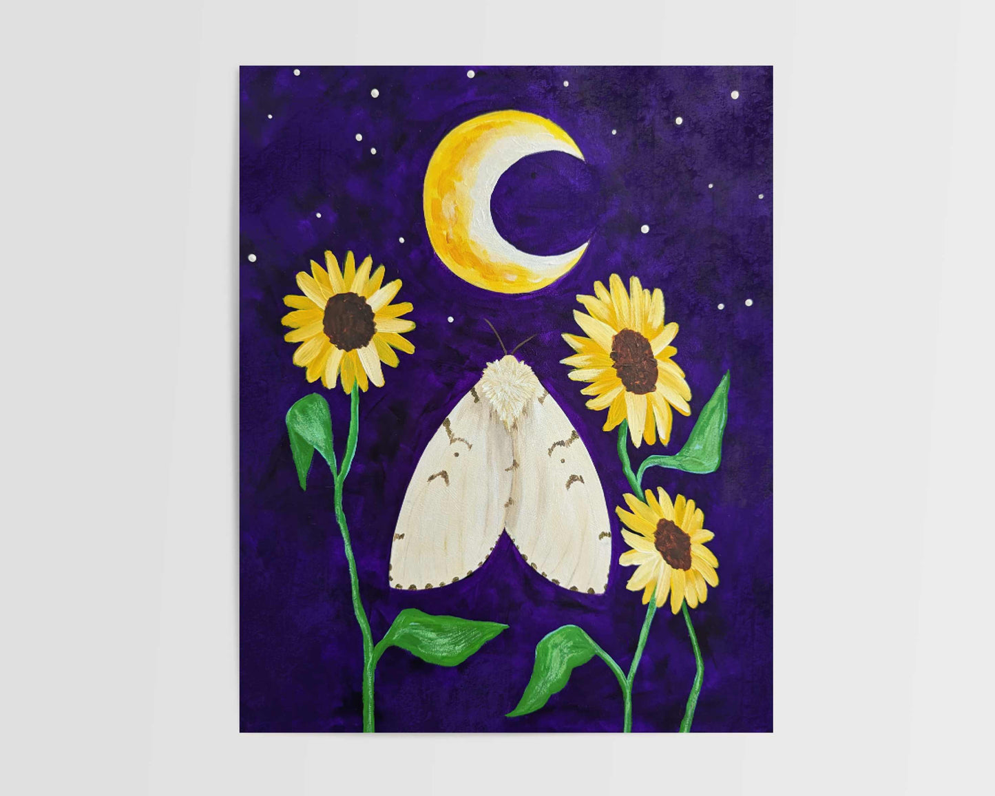Art print of a spongy moth surrounded by sunflowers under a crescent moon in a starry night sky