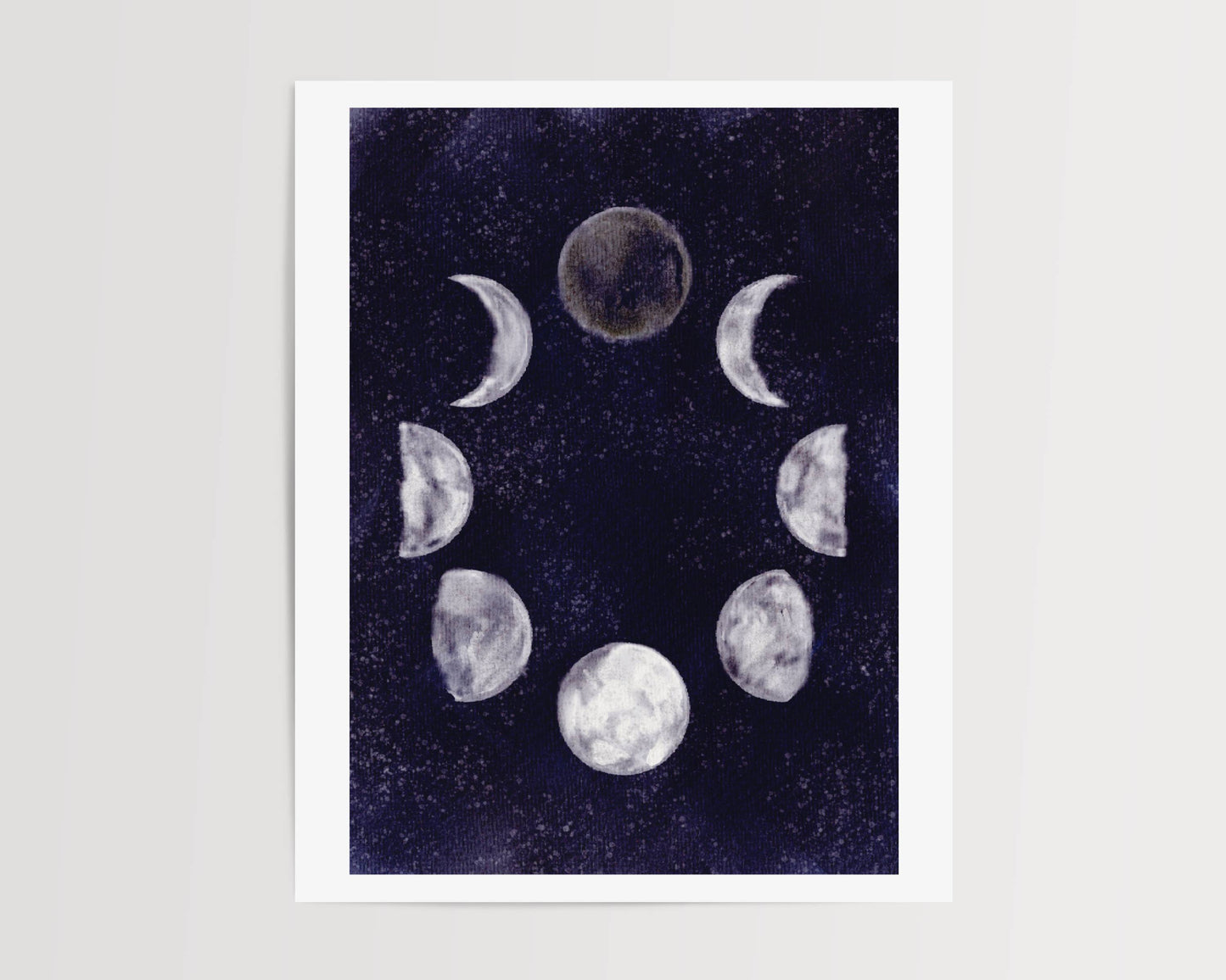 Art print of the moon phases in a circular arrangement against a dark and starry night sky