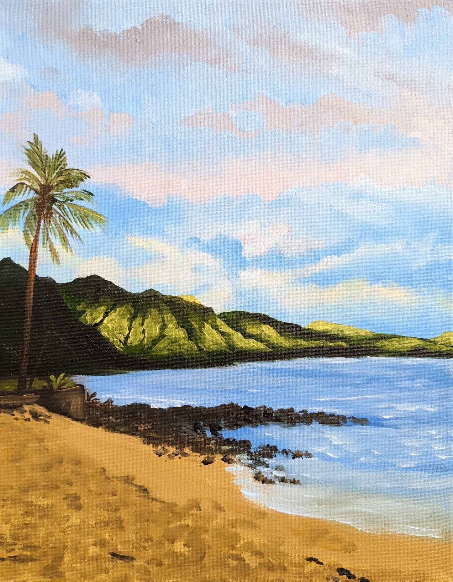 Art print of a serene Hawaiian beach, featuring a palm tree, golden sand and a calm sea with rolling hills in the distance