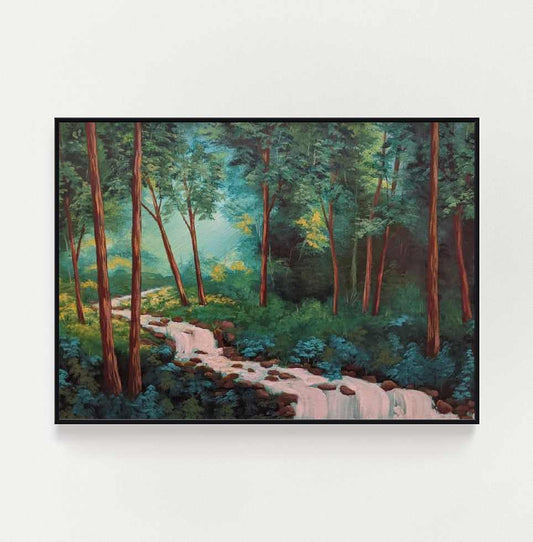 Framed art print depicting rays of sunshine coming through a lush green forest with a gently flowing stream running through