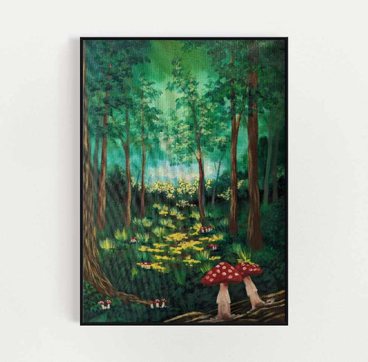 Art print showcasing a fairy forest scene with two red mushrooms in the foreground, tall trees and sunlit foliage
