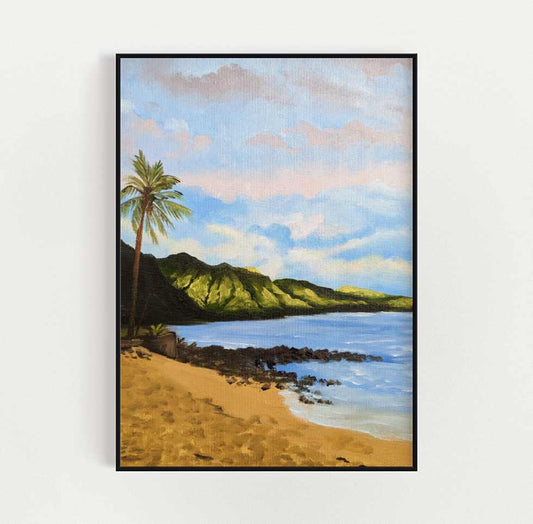 Art print of a serene Hawaiian beach, featuring a palm tree, golden sand and a calm sea with rolling hills in the distance