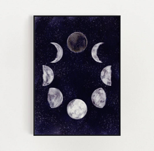Art print of the moon phases in a circular arrangement against a dark and starry night sky