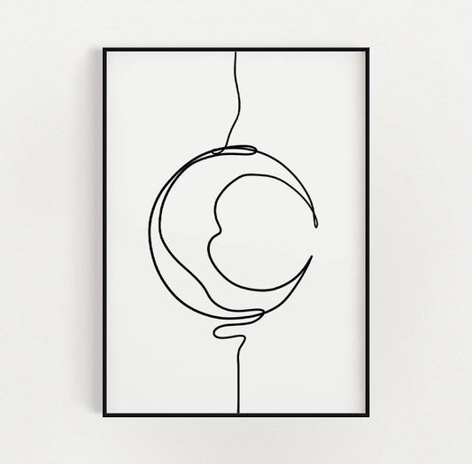 Art print with a minimalist black line drawing of a crescent moon creating an artistic representation of the moon's shape