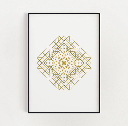 Art work featuring a detailed geometric mandala design in gold lines intricately layered to form a symmetrical pattern