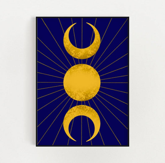 A celestial art print featuring the triple moon symbol, with two crescent moons flanking a full sun all in gold