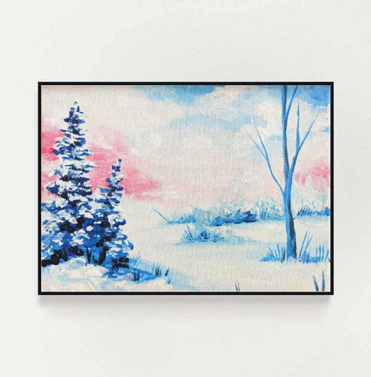 A wintry landscape art print with snow-covered trees and soft pink and blue hues in the sky
