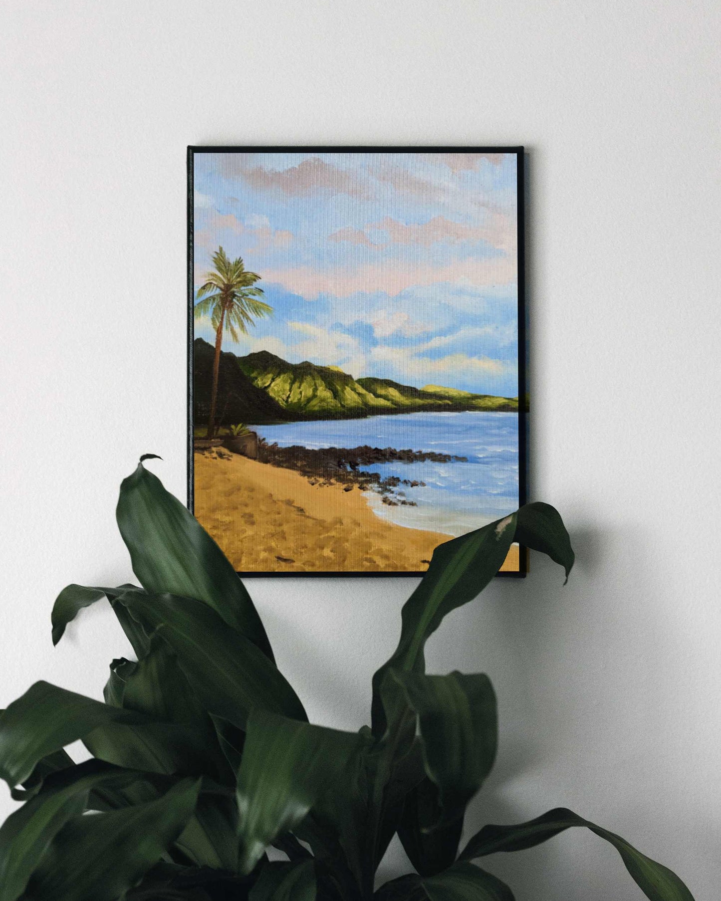 Art print of a serene Hawaiian beach, featuring a palm tree, golden sand and a calm sea with rolling hills in the distance
