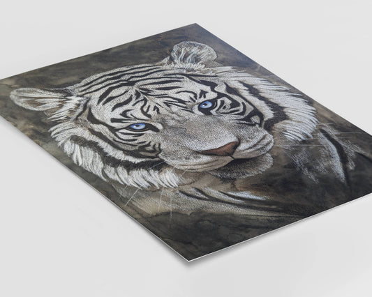 A striking art print of a white tiger with piercing blue eyes