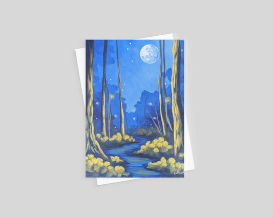 A framed art print of a moonlit dark forest full of fireflies featuring a full moon and trees