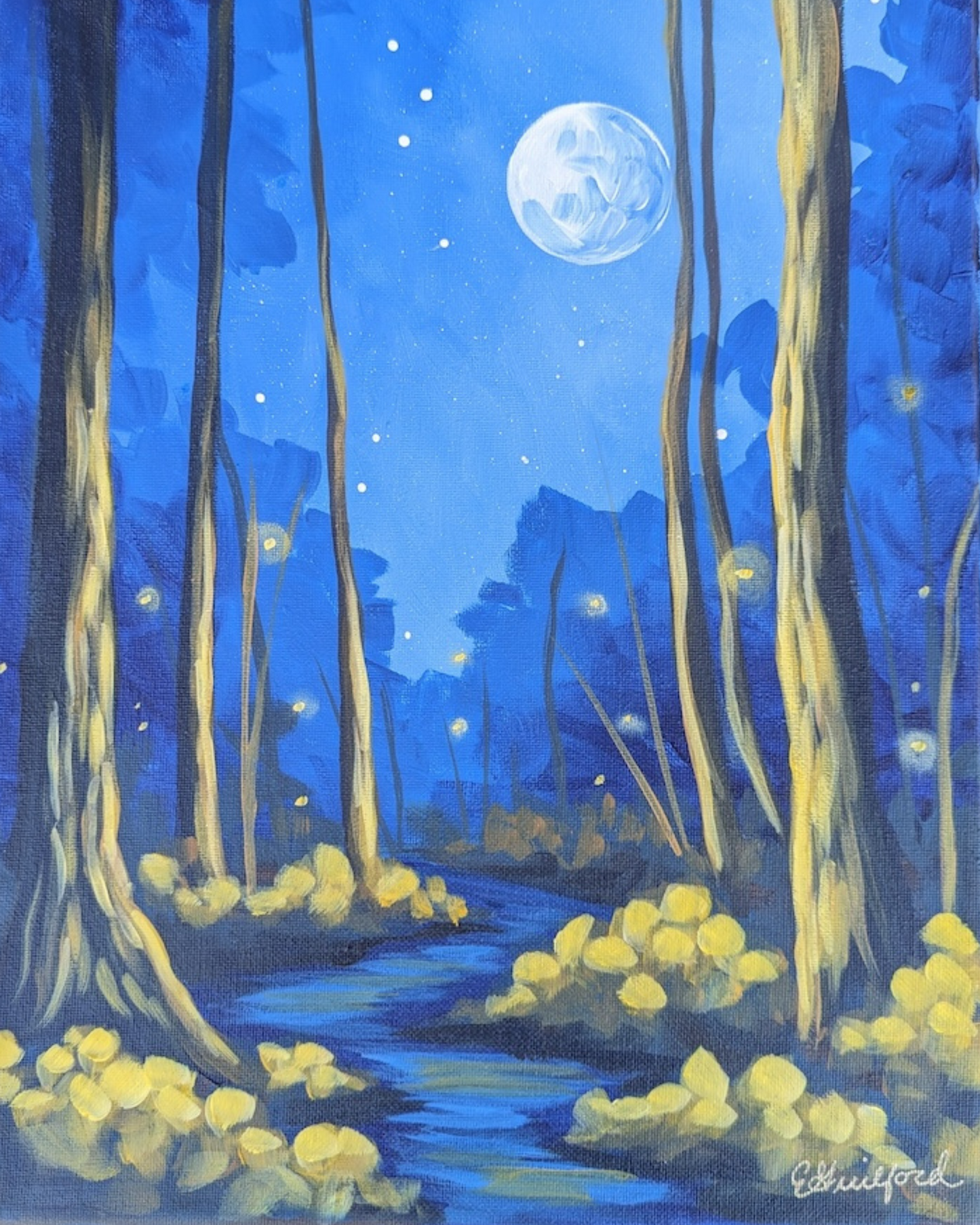 A framed art print of a moonlit dark forest full of fireflies featuring a full moon and trees