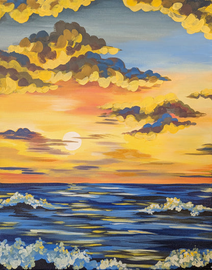 Art print of vibrant sunset over the ocean with waves gently crashing onto the shore decorated with golden clouds in the sky