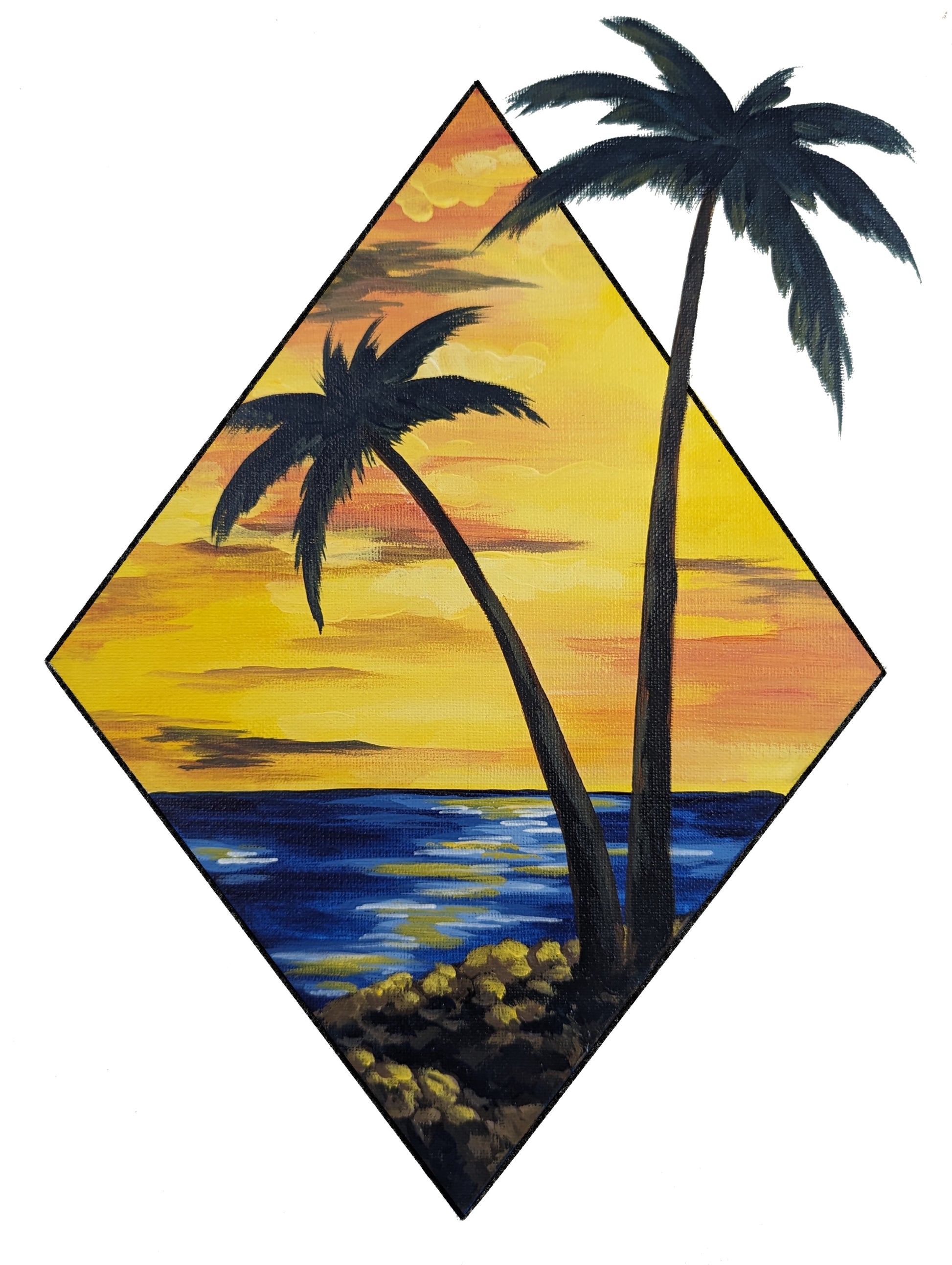 Art print featuring a scenic view of two palm trees by the water at sunset