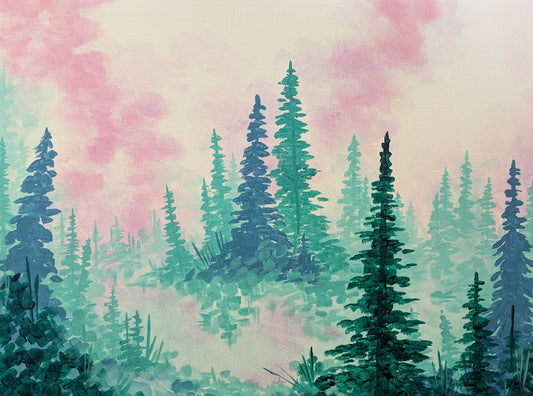 A framed forest art print of tall pine trees fading into the mist set against a pastel pink and blue sky