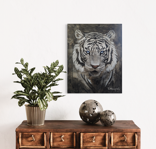 A striking art print of a white tiger with piercing blue eyes