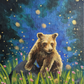 Art print of a brown bear cub sitting in a meadow filled with pink flowers in summer under a glowing sky with fireflies