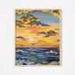 Art print of vibrant sunset over the ocean with waves gently crashing onto the shore decorated with golden clouds in the sky