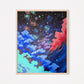 A framed art print showing a night sky with swirling clouds in shades of pink and blue filled with glowing stars and spirals