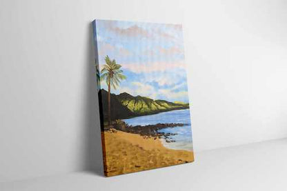 Canvas art print featuring a serene Hawaii beach with palm trees, gentle ocean waves, and distant mountains under a pastel sky