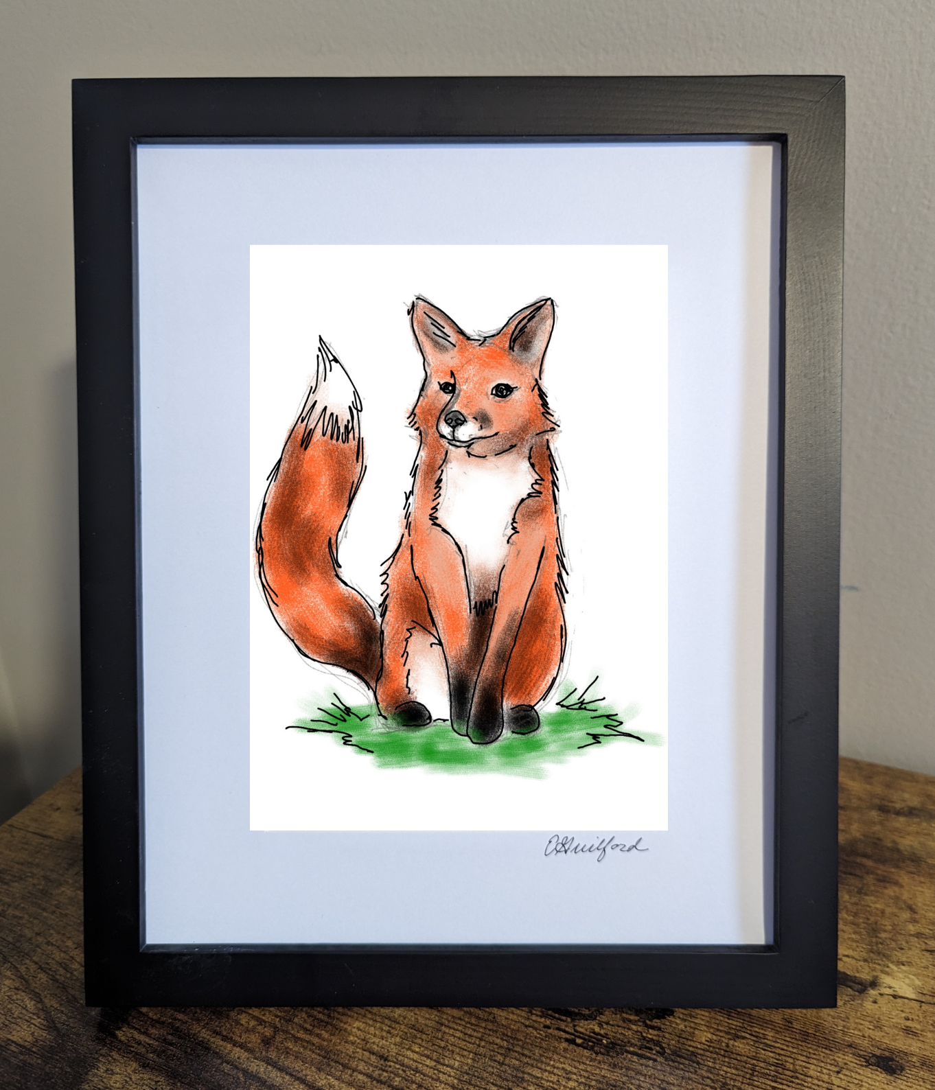 A playful art print of a sitting red fox, doodled with a vibrant orange coat and green grass beneath it