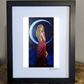 Art print of a moon goddess standing gracefully with a crescent moon behind her wearing a flowing red dress