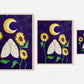 Art print of a spongy moth surrounded by sunflowers under a crescent moon in a starry night sky