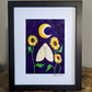 Art print of a spongy moth surrounded by sunflowers under a crescent moon in a starry night sky
