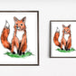 A playful art print of a sitting red fox, doodled with a vibrant orange coat and green grass beneath it