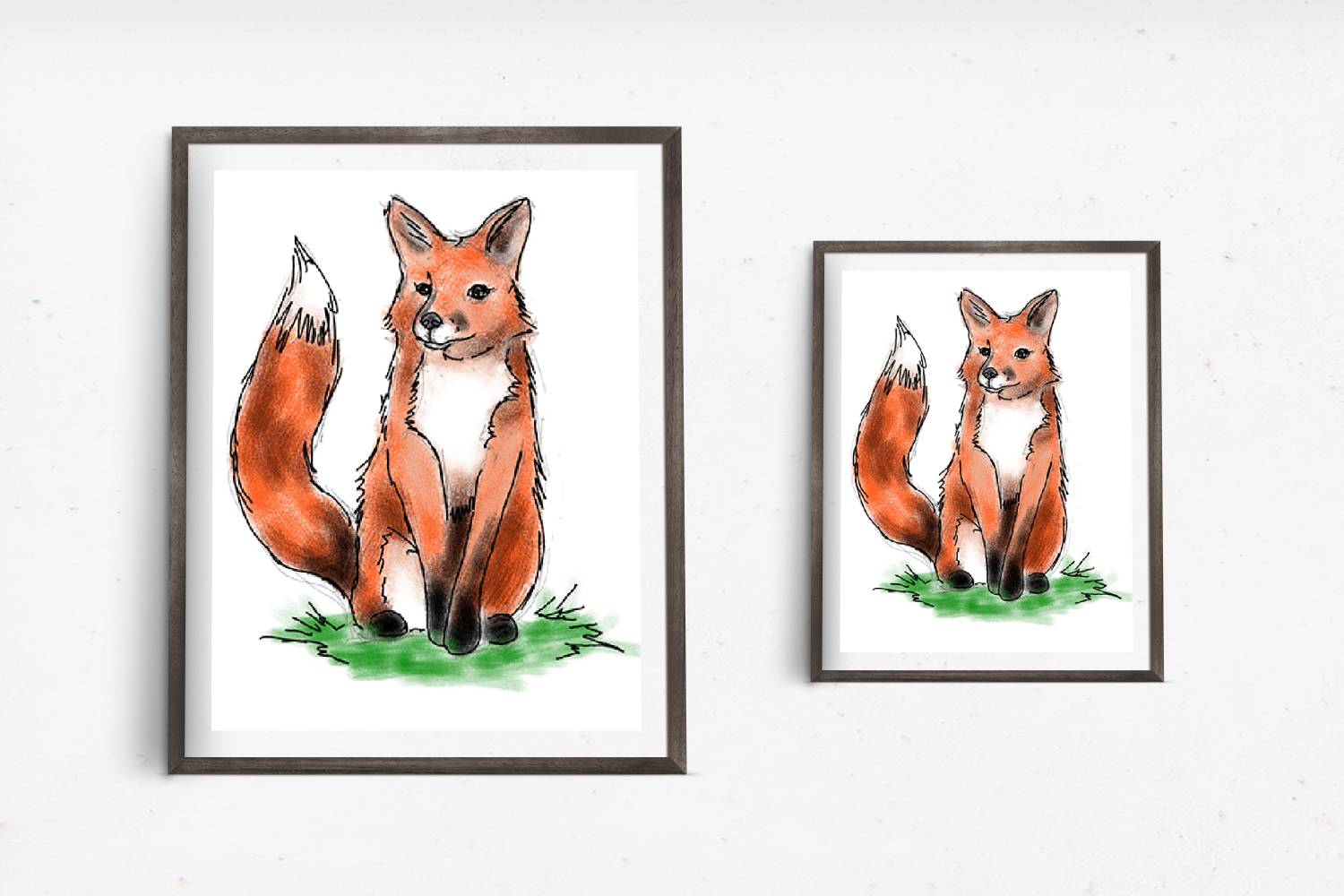 A playful art print of a sitting red fox, doodled with a vibrant orange coat and green grass beneath it